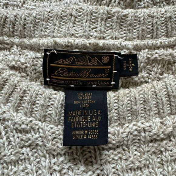 Vintage 1990s Eddie Bauer Beige Tan Crewneck Chunky Cotton Sweater Made in USA - Picture 8 of 8
